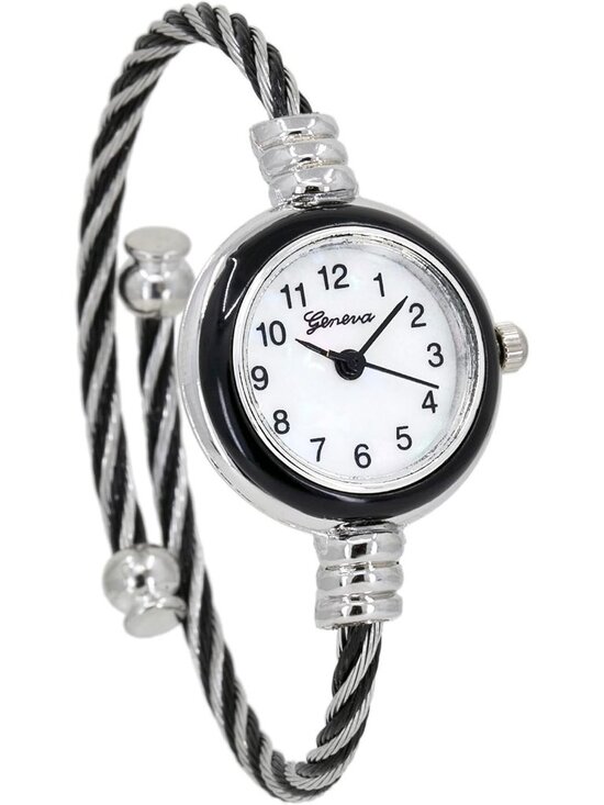 Women Silver Black Analog Quartz Elegant Cable Cuff Arabic Number Bracelet Watch main image 6